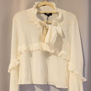 Alpha Omega Women White Long Sleeve Sheer Loose Fitting Crop Top